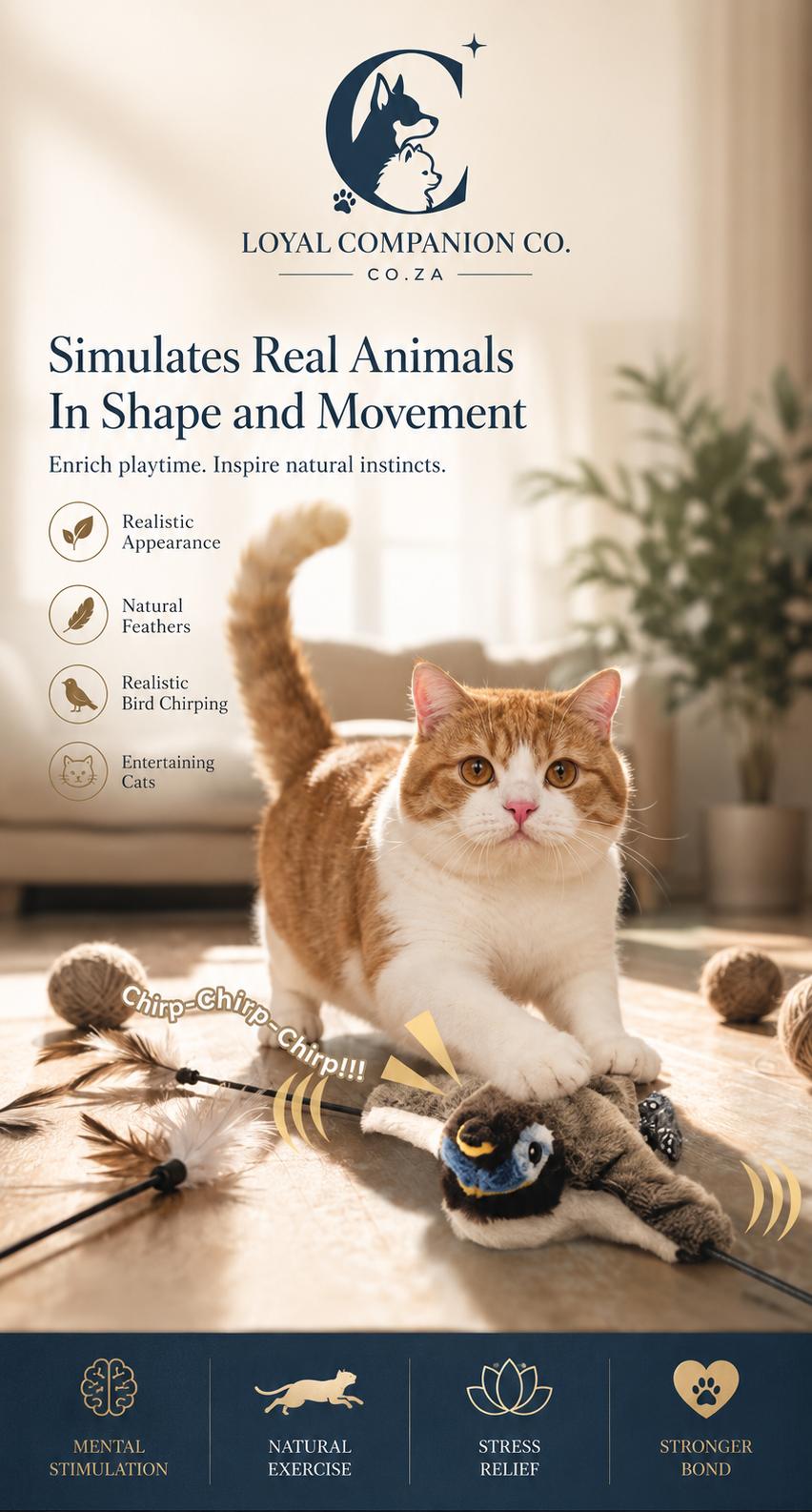 Loyal Companion Co.™ Flutter & Chirp Interactive Cat Toy — Touch-Activated Flapping Plush Bird
